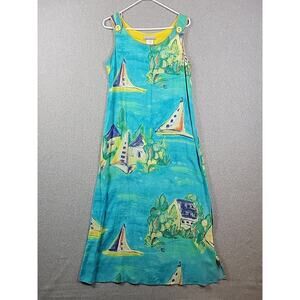 Nino Wong Turquoise Sailboat Beachy Sleeveless Maxi Sundress Womens Small Pocket